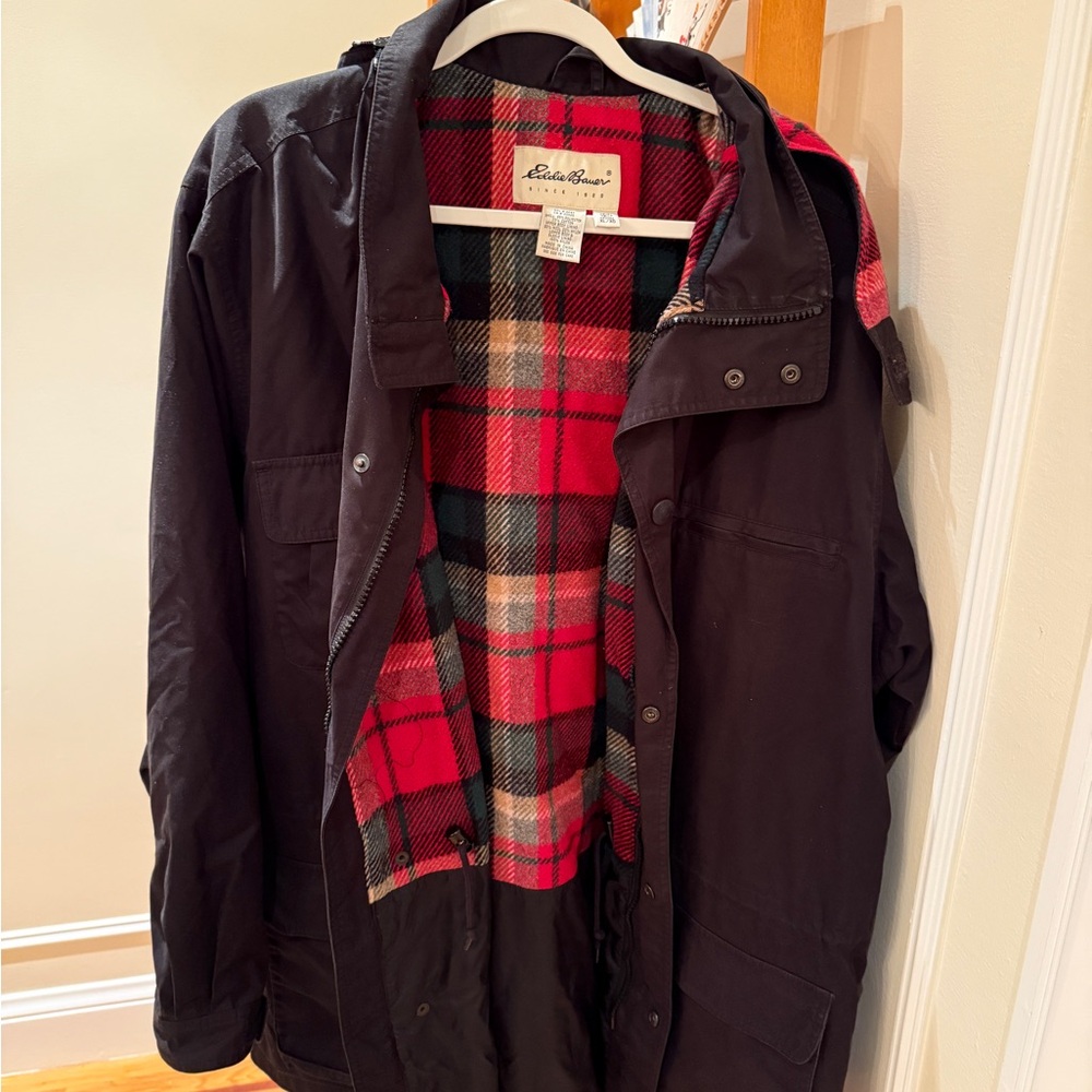 Eddie Bauer Men's Dark Jacket with Vibrant Plaid Interior